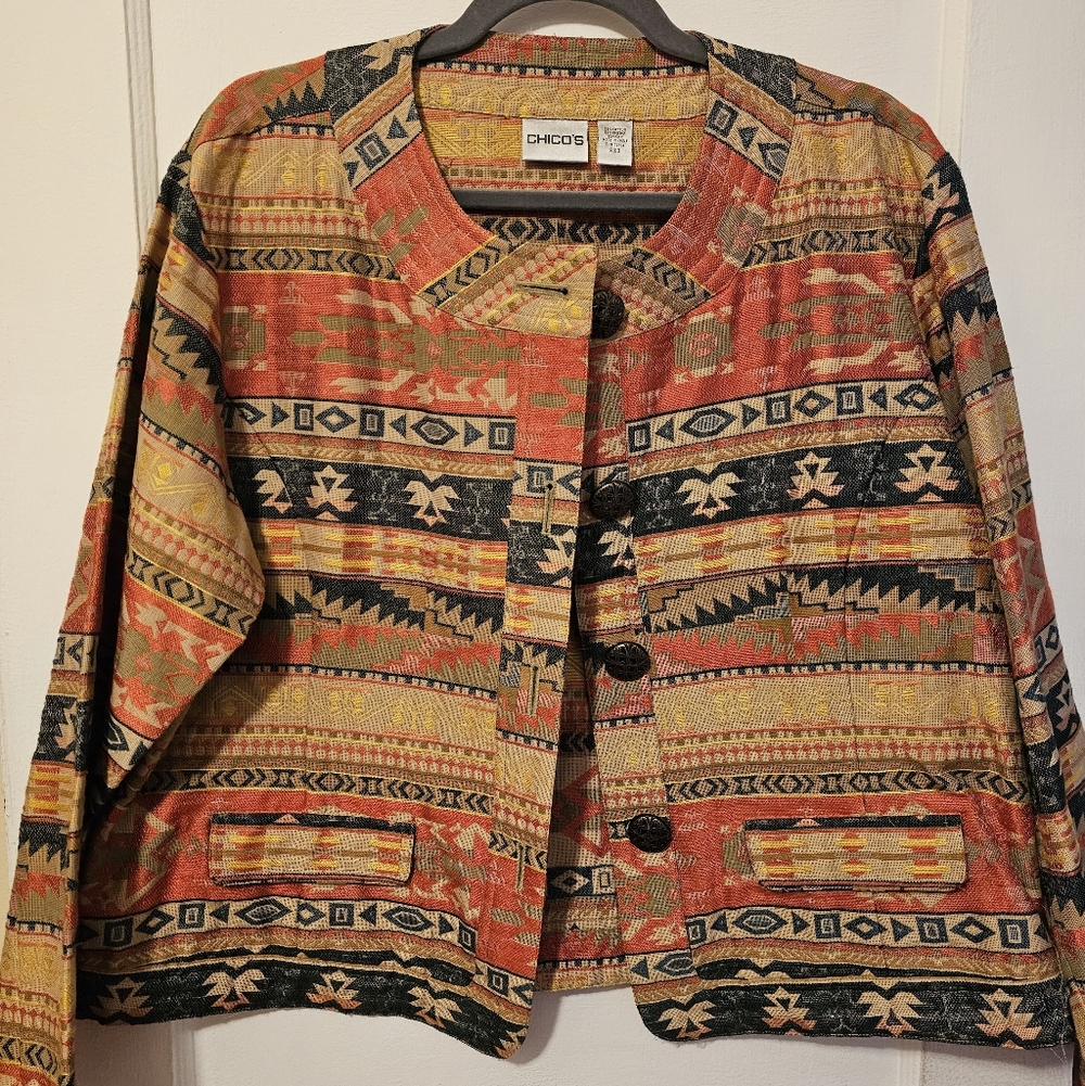 Chico's Tribal Print Jacket in Red and Tan